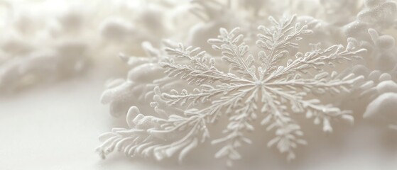 Closeup of a delicate snowflake with intricate designs, set against a soft white backdrop, showcasing the beauty of winter and natures craftsmanship