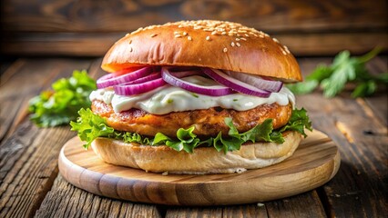 A perfectly grilled burger with a toasted sesame seed bun, lettuce, and red onion, topped with a creamy sauce, resting on a rustic wooden cutting board