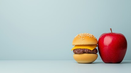 Creative concept of healthy eating choices with half hamburger and half apple symbolizing nutrition and diet contrast