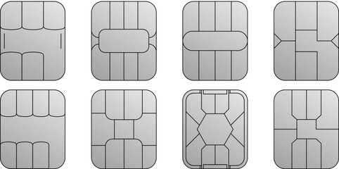 Leinwandbilder - EMV chip silver vector icons. Set line nfc symbol. Contactless payment at terminals and ATMs. Square computer microchips for credit debit cards. 
