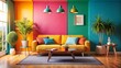 © Four888 - Mockup Bright Living Room with Comfortable Sofa and Trendy Hipster Backdrop for Stylish Interior Design Ideas