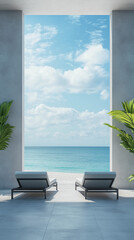 Wall Mural - Empty Concrete Balcony Overlooking the Sea. Empty Concrete Texture Terrace with Modern Interior Design and Beach View.