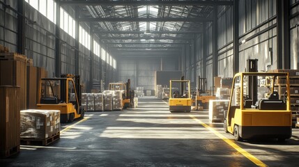 Modern Industrial Warehouse Interior with Forklifts and Stacked Boxes in Sunlit Environment