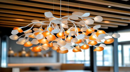 Modern chandelier design with leaf motifs, warm lighting in a stylish ambiance.