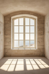 Wall Mural - Empty room with window, Beige Empty Room Interior with a Window Overlooking the Beach.