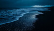 © mai - A vast ocean with black sand beaches, where the waves shimmer with metallic silver foam under a twilight sky