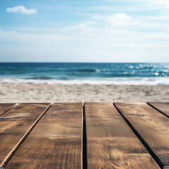 An empty wooden tabletop with a white beach background for product display. 