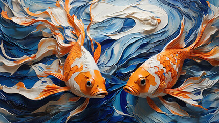 An abstract painting of two fish swimming in a vibrant blue, wavy water background