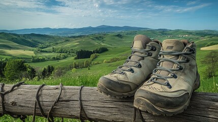 Hiking Boots on a Scenic Green Landscape