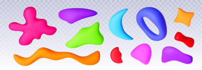 Poster - Color plasticine shapes set isolated on transparent background. Vector realistic illustration of handmade red, blue, green clay arts, creative kids craft school education, modeling dough texture