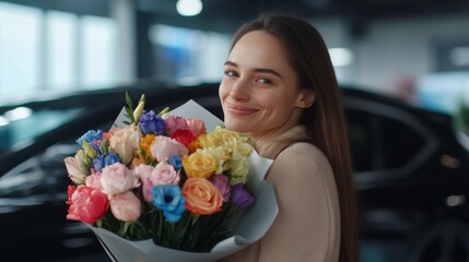 A joyful woman smiles while holding a colorful bouquet of flowers, standing in an indoor setting with a car in the background.