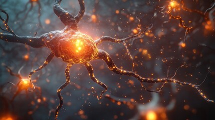Poster - Abstract Glowing Neuron Cell with Sparkles and Bokeh Background - Scientific Illustration.