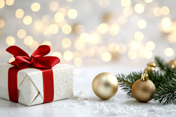 Elegant Christmas gift box with a red ribbon beside pine branches and gold ornaments, set against a glowing bokeh background, evoking festive joy and holiday charm