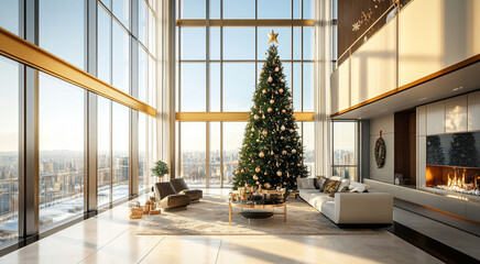 Wall Mural - Luxurious penthouse with floor-to-ceiling windows, a Christmas tree, and holiday decor. Concept of holiday season, high-end living, festive decoration, winter