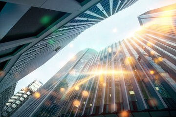Poster - a low angle view of a skyscraper in a city, the sun glinting off the windows.