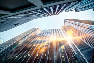 Fototapete - An upward view of modern office buildings in a UK city, with sunlight shining through the glass windows.