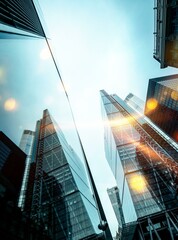 Wall Mural - Low angle view of tall glass buildings in a city, with a bright blue sky and sun glare.