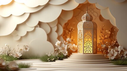 Poster - Soft and elegant paper cut style design featuring layered geometric patterns surrounding a golden lantern all set against a cream background allowing room for text at the bottom