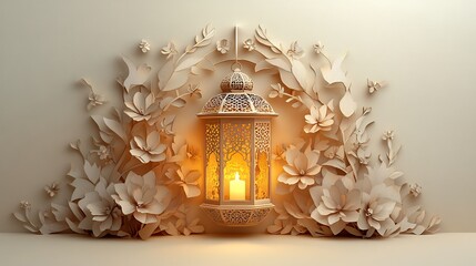 Poster - Soft and elegant paper cut style design featuring layered geometric patterns surrounding a golden lantern all set against a cream background allowing room for text at the bottom