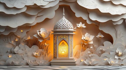 Poster - Soft and elegant paper cut style design featuring layered geometric patterns surrounding a golden lantern all set against a cream background allowing room for text at the bottom