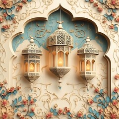Poster - Soft and intricate paper cut style design featuring hanging lanterns with floral patterns in the foreground with a backdrop of abstract Islamic patterns leaving room for text at the bottom