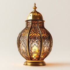 Poster - Solitary golden lantern icon celebrating Ramadan Kareem sitting on a clean white background radiating warmth and tradition with its intricate design and glowing presence