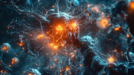 Poster - Abstract 3D Rendering of a Glowing Neuron, Nerve Cell, or Synapse with Detailed Structure and Network Connections - Science, Medical, and Technology Illustration