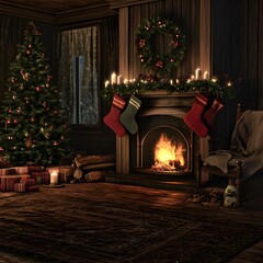 Wall Mural - Cozy holiday living room with fireplace and Christmas tree