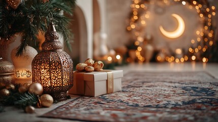 Poster - Sophisticated Ramadanthemed design concept displaying a gift box a traditional lantern and a gold crescent moon on a white background creating a serene atmosphere with space for custom text