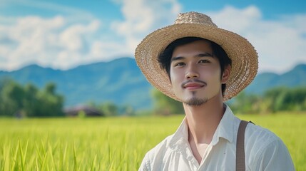 Farmer in Straw Hat in Lush Rice Field Landscape