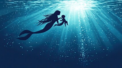 Silhouette of a Mermaid Holding a Child Underwater