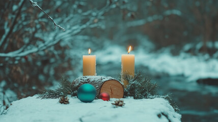 snowy outdoor scene featuring Yule log centerpiece with candles and ornaments