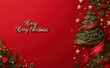 © Georgii - Elegant Christmas tree adorned with red ornaments and a star on a festive red background with Merry Christmas text