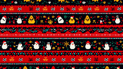 festive Christmas sweater design featuring playful snowmen, Santa, and cheerful patterns