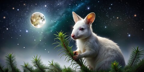  Night Photography of an Australian Rednecked Albino Wallaby Eating Pine Tree Needles in a Park