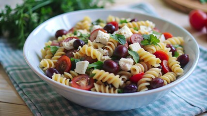 Colorful pasta salad with tomatoes, olives, and feta cheese served on a rustic table with herbs in a bright kitchen setting