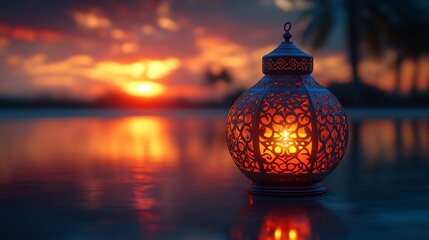 Poster - Striking image of a traditional Arabic lantern with a glowing candle placed on a clean minimalistic background capturing the essence of Ramadan and the warmth of togetherness