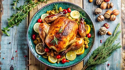 Deliciously roasted chicken served on a rustic platter with herbs, citrus, and garnishes ready for a festive meal setting