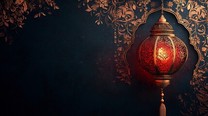 Poster - Striking paper cut style banner featuring a large ornate lantern with intricate designs in warm gold and deep red hues against a dark backdrop providing space for text on the right