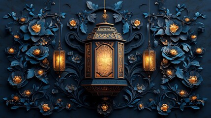 Poster - Striking paper cut style design showcasing a large ornate lantern with geometric shapes in gold and teal on a dark backdrop leaving space for text at the bottom