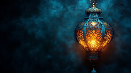 Poster - Striking paper cut style design showcasing a large ornate lantern with geometric shapes in gold and teal on a dark backdrop leaving space for text at the bottom