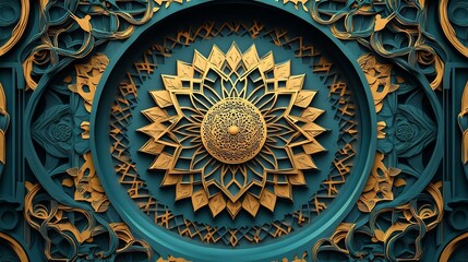 Poster - Striking paper cut style design showcasing a large central lantern surrounded by intricate geometric patterns in gold and teal against a dark backdrop allowing for space for text in the center