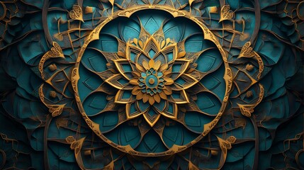 Poster - Striking paper cut style design showcasing a large central lantern surrounded by intricate geometric patterns in gold and teal against a dark backdrop allowing for space for text in the center