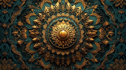 Poster - Striking paper cut style design showcasing a large central lantern surrounded by intricate geometric patterns in gold and teal against a dark backdrop allowing for space for text in the center