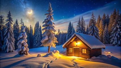 Sticker - A Rustic Cabin Nestled Amidst a Snowy Forest, Bathed in the Warm Glow of a Single Light, Under a Starry Night Sky with a Crescent Moon