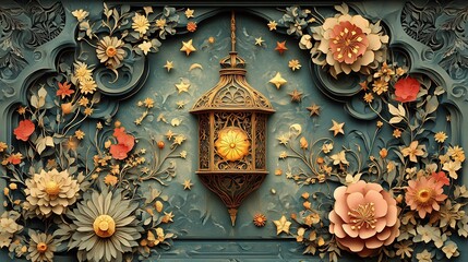 Poster - Striking paper cut style illustration of a large ornate lantern surrounded by intricate floral and star motifs on a muted background leaving room for text at the bottom