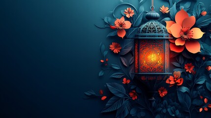Poster - Striking paper cut style illustration of an Islamic lantern with geometric shapes and floral accents rendered in bold colors against a dark background leaving room for text on the left