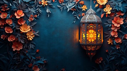 Poster - Striking paper cut style illustration of an Islamic lantern with geometric shapes and floral accents rendered in bold colors against a dark background leaving room for text on the left