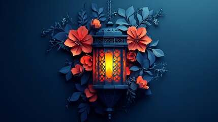 Poster - Striking paper cut style illustration of an Islamic lantern with geometric shapes and floral accents rendered in bold colors against a dark background leaving room for text on the left