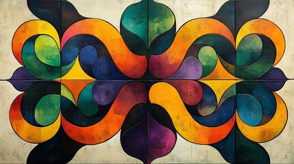 Poster - Stunning colorful arabesque pattern showcasing geometric shapes and flowing lines in bright hues of green yellow and purple set against a soft cream background for an elegant touch